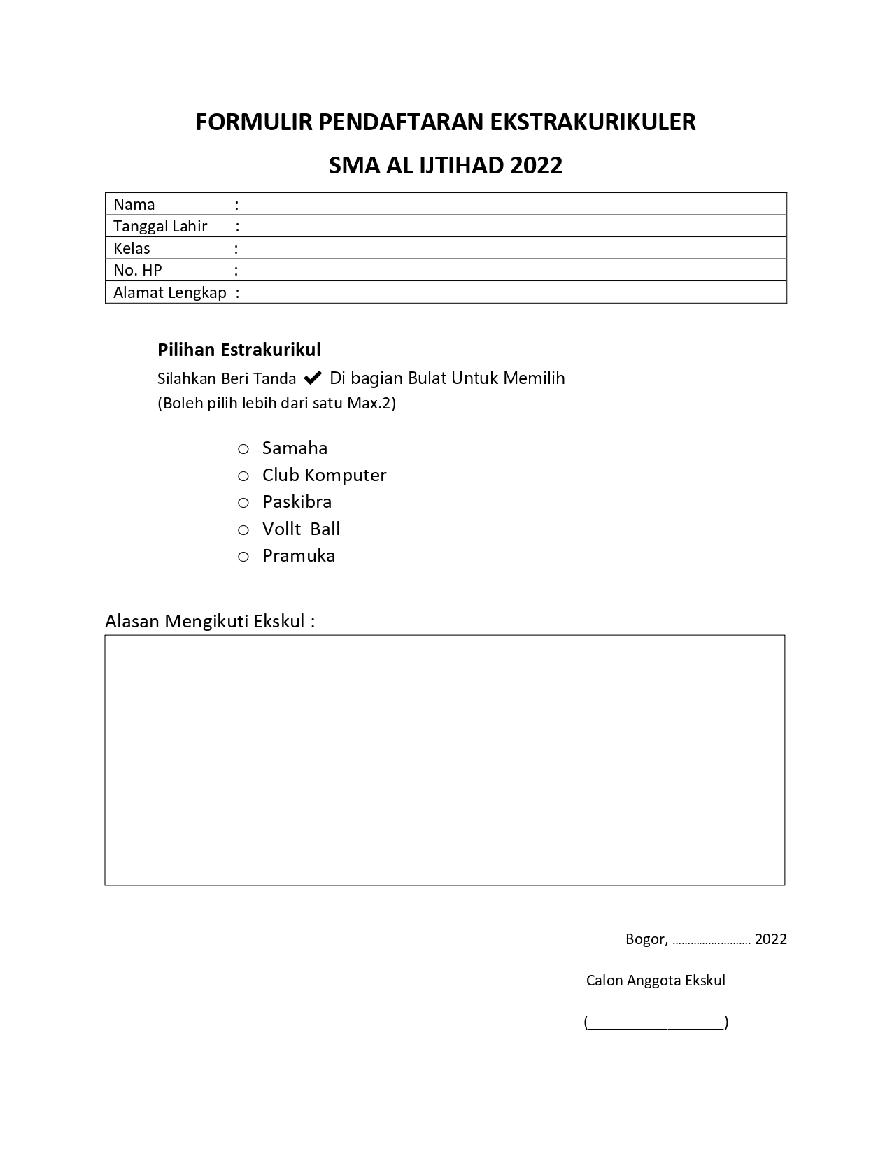 Contoh Formulir Pendaftaran Ekstrakurikuler